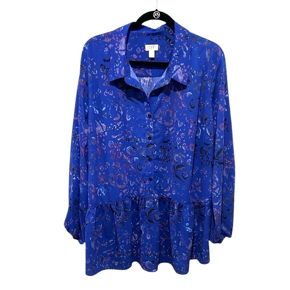 LOGO Lori Goldstein purple floral long sleeve peblum tunic top XL